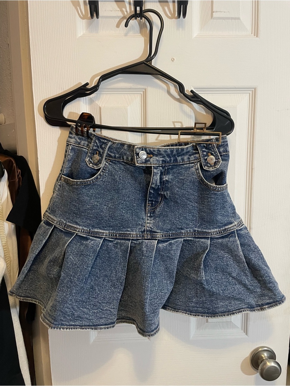 Blue Denim Pleated Skater Mini Skirt